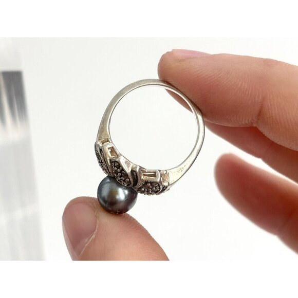 Art Deco Floral Marcasite Multi Gemstone Faux Tahitian Pearl Vintage Ring - sz 7 - Picture 8 of 10